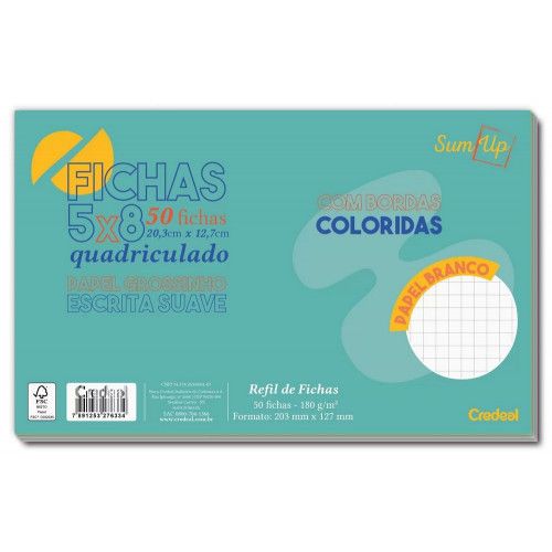 FICHA QUADRICULADO 5X8 BORDA COLORIDA COM 50 CREDEAL - REF. 276334 - 1 UNIDADE