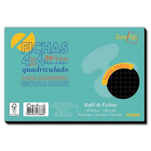 FICHA QUADRICULADO 4X6 PRETO COM 50 FOLHAS CREDEAL - REF. 276860 - 1 UNIDADE