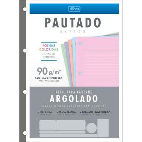BLOCO PARA FICHARIO 80 FOLHAS ARGOLADO COLORIDO 90G TILIBRA - REF. 34293 - PACOTE COM 5 UNIDADES