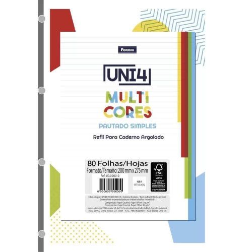 BLOCO PARA FICHARIO 80 FOLHAS COLORIDO FORONI - REF. 8957 - PACOTE COM 5 UNIDADES