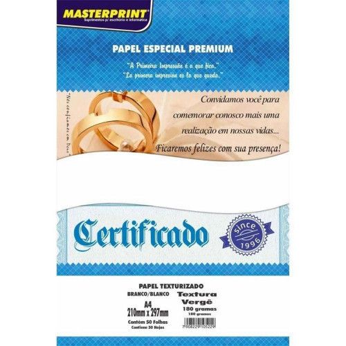 PAPEL VERGE 180G BRANCO 50 FOLHAS MASTERPRINT - REF. 121010007 - 1 UNIDADE
