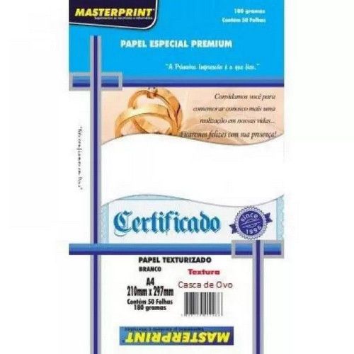 PAPEL CASCA DE OVO 180G BRANCO MASTERPRINT - REF. 121010005 - PACOTE COM 50 FOLHAS