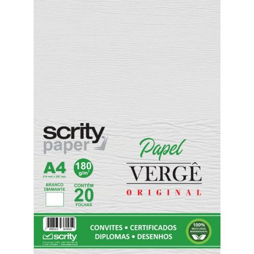 PAPEL VERGE 180G 20 FOLHAS BRANCO DIAMANTE SCRITY - REF. SP056.01 - 1 UNIDADE