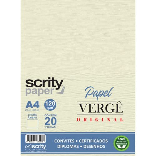PAPEL VERGE 120G 20 FOLHAS CREME AMBAR SCRITY - REF. SP055.02 - 1 UNIDADE