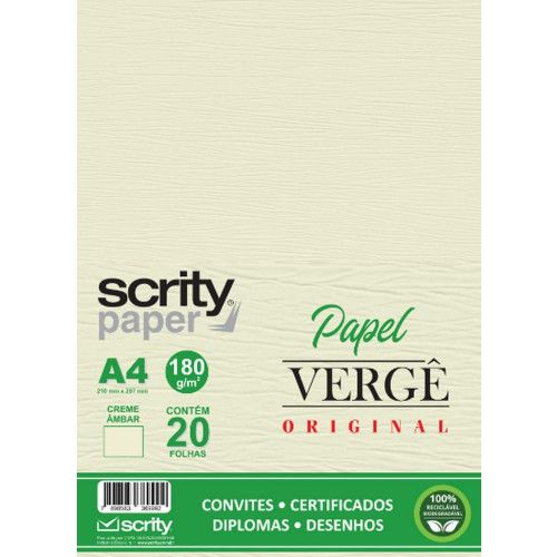 PAPEL VERGE 180G 20 FOLHAS CREME AMBAR SCRITY - REF. SP056.02 - 1 UNIDADE