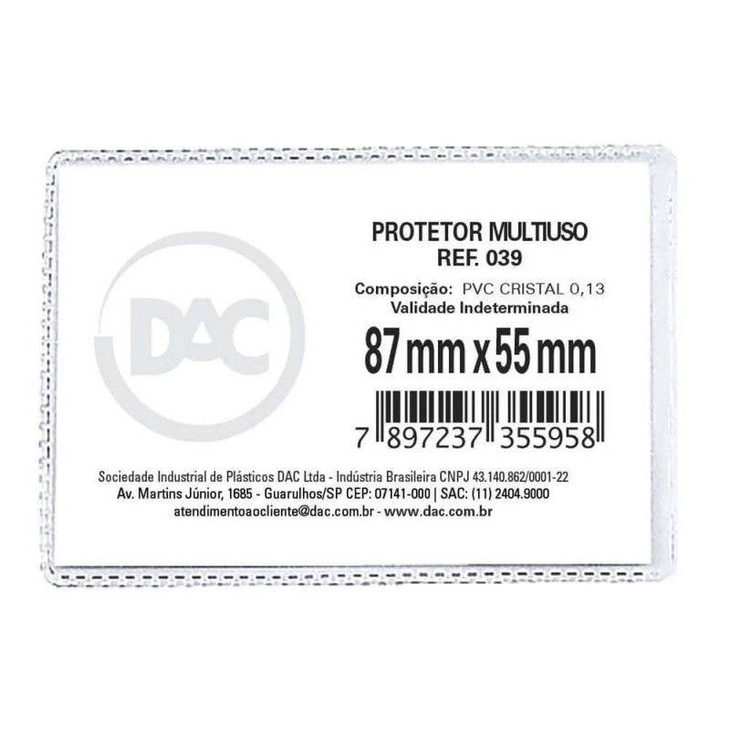 PROTETOR CPF 87X55MM SEM ABA DAC - REF. 039 - CAIXA COM 100 UNIDADES