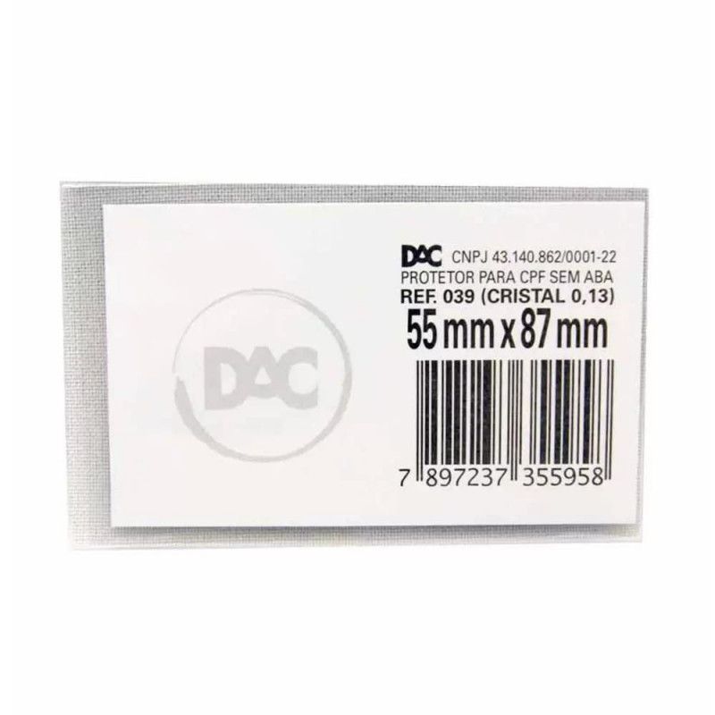 PROTETOR CPF 87X55MM SEM ABA DAC - REF. 039 - CAIXA COM 100 UNIDADES