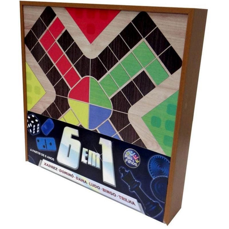 JOGO 6 EM 1 CAIXA EM MADEIRA PAIS E FILHOS - REF. 2879 XADREZ – DOMINO – BINGO – TRILHA – DAMA - LUDO - 1 UNIDADE