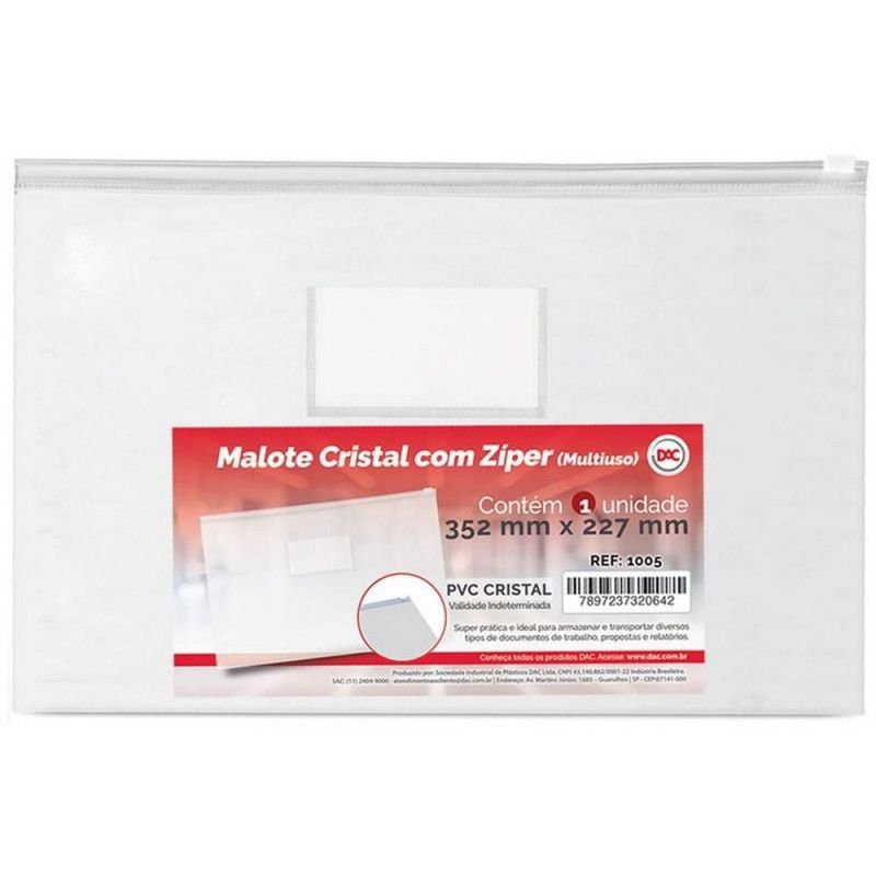 MALOTE CRISTAL COM ZIPER 352X227MM 1005 - REF. 1005TR - PACOTE COM 5 UNIDADES