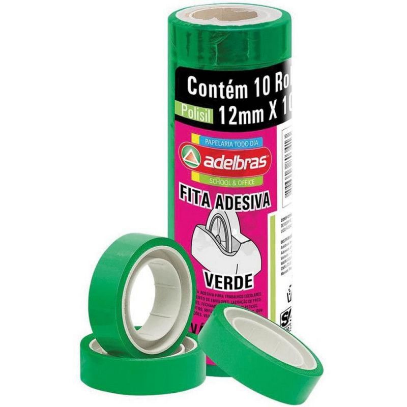 FITA ADESIVA 12MMX10M COLORIDA VERDE ADELBRAS - PACOTE COM 10 UNIDADES 