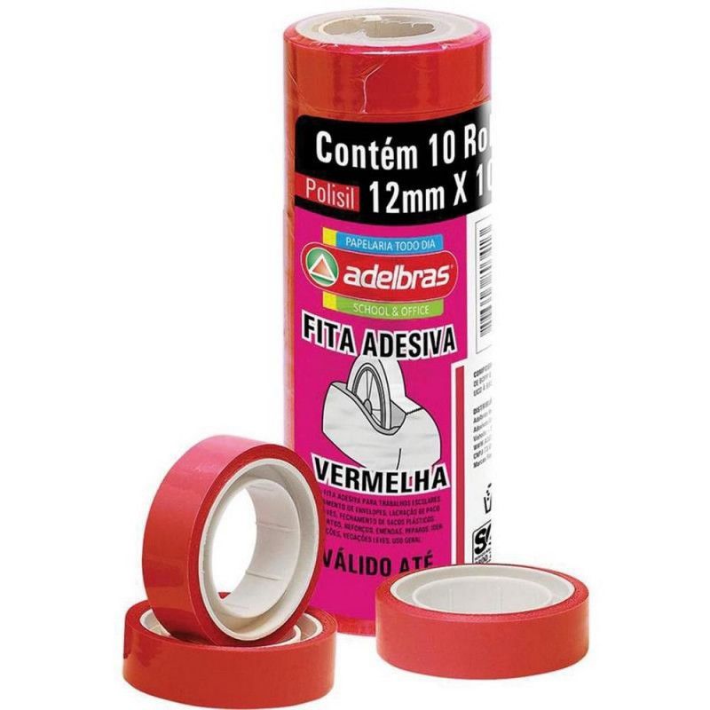 FITA ADESIVA 12MMX10M COLORIDA VERMELHO ADELBRAS - PACOTE COM 10 UNIDADES