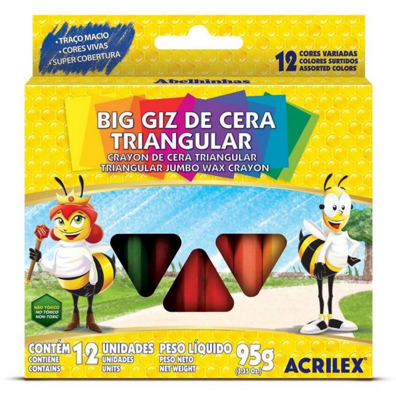 GIZAO DE CERA 12 CORES TRIANGULAR ACRILEX - REF. 9312 - PACOTE COM 12 UNIDADES