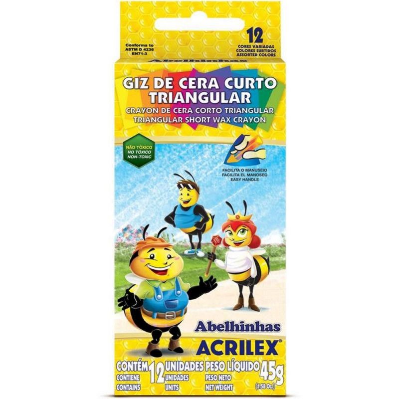 GIZ DE CERA 12 CORES TRIANGULAR CURTO ACRILEX - REF. 9412 - CAIXA COM 12 UNIDADES