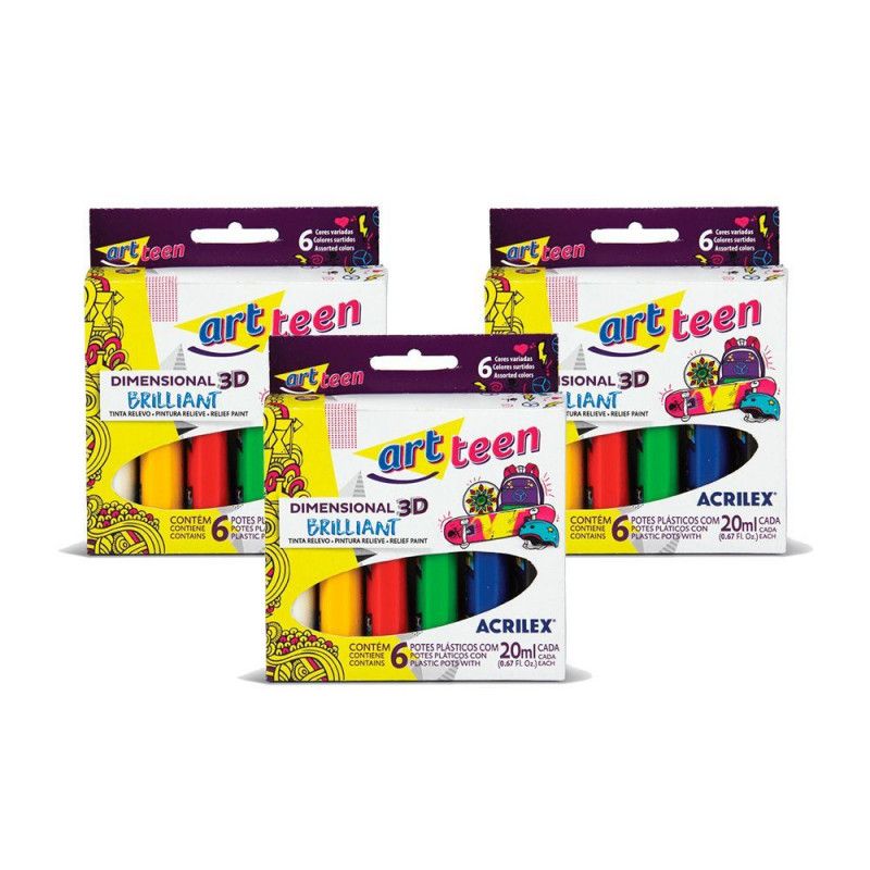 TINTA DIMENSIONAL RELEVO BRILLIANNT 6 CORES 20ML - REF. 12106 - PACOTE COM 3 UNIDADES
