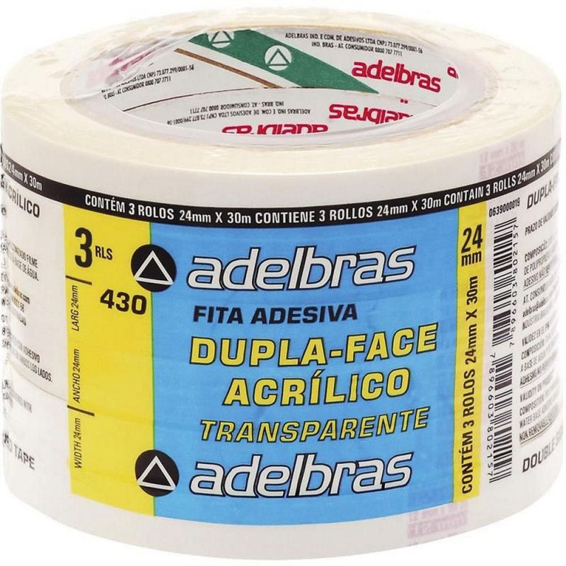 FITA DUPLA FACE 24MMX30M ACRILICO ADELBRAS - CAIXA COM 3 UNIDADES