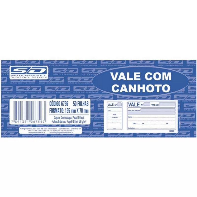 BLOCO VALE COM CANHOTO 50 FOLHAS SAO DOMINGOS - REF. 6756 - PACOTE COM 20 UNIDADES