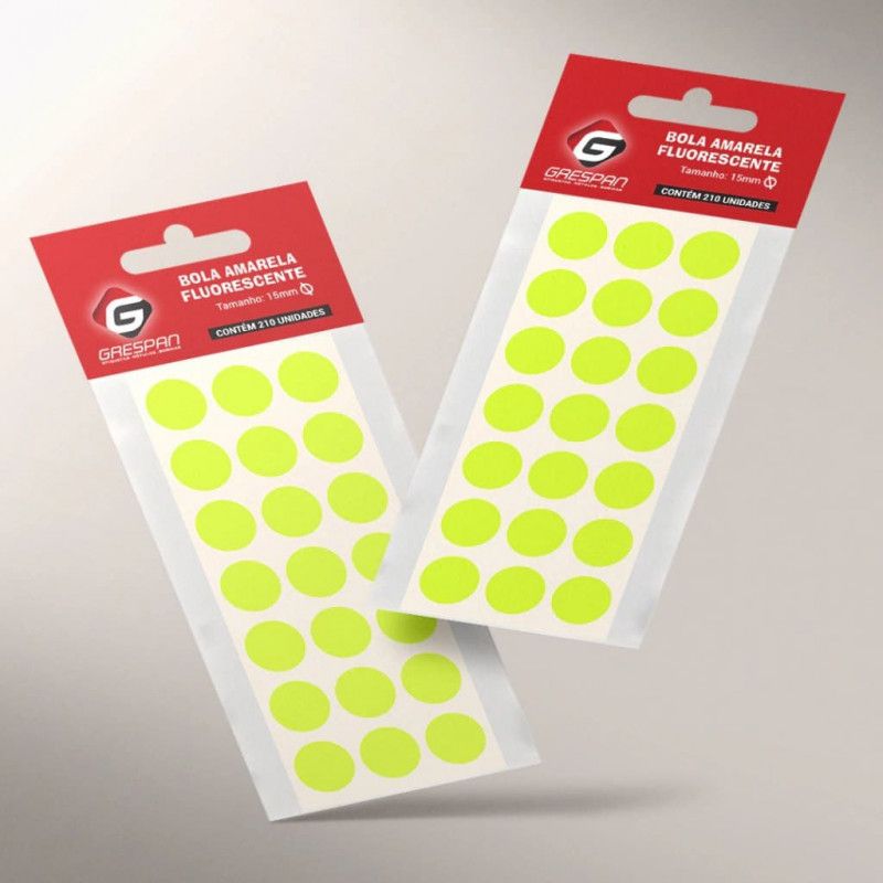 ETIQUETA 15MM BOLA AMARELO FLUORESCENTE COM 210 GRESPAN - 1 UNIDADE