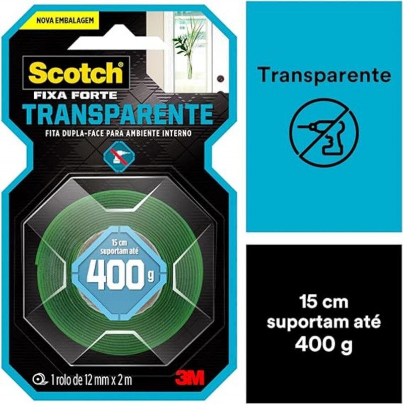 FITA DUPLA FACE TRANSPARENTE 12MMX2M INTERNO - REF. 3798 - 1 UNIDADE