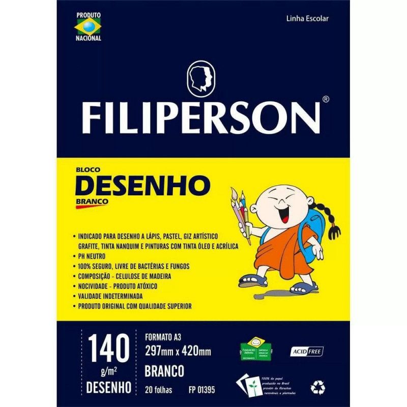 BLOCO DESENHO A3 140G 20 FOLHAS BRANCO FILIPERSON - REF. 1395 - PACOTE COM 5 UNIDADES