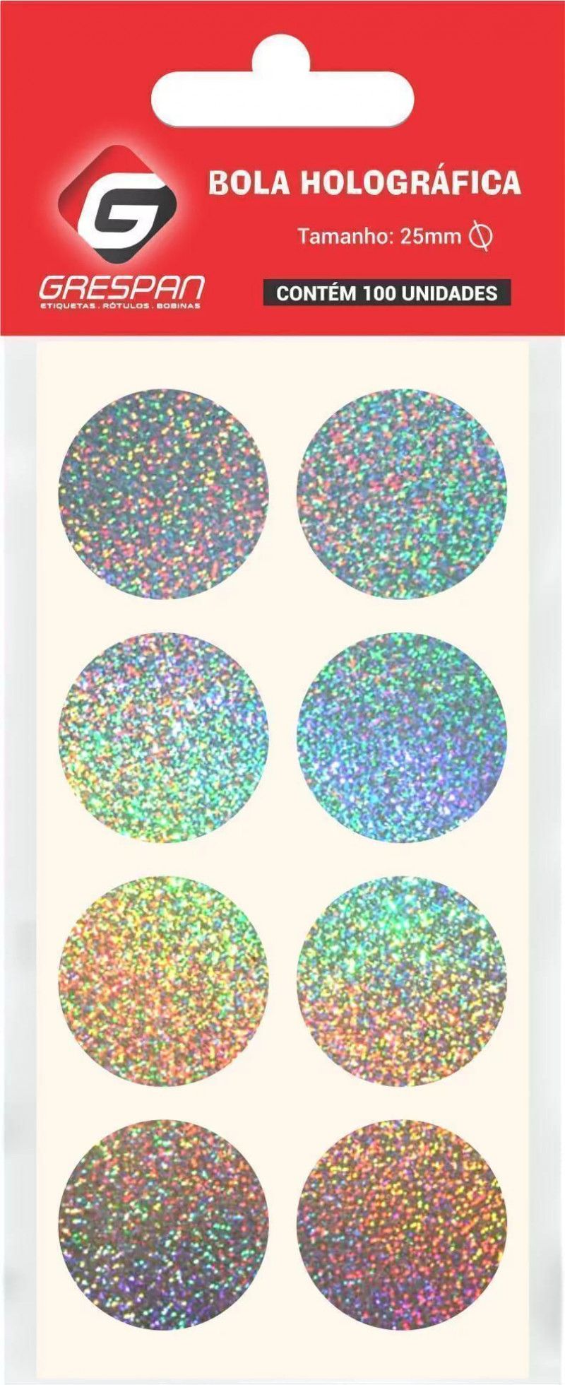 ETIQUETA 25MM BOLA HOLOGRAFICA COM 100 GRESPAN - 1 UNIDADE