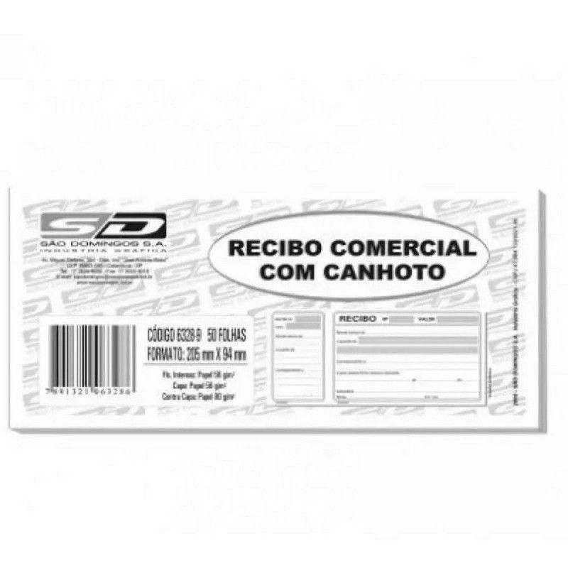BLOCO RECIBO COMERCIAL COM CANHOTO 50 FOLHAS SAO DOMINGOS - REF. 6328 - PACOTE COM 20 UNIDADES