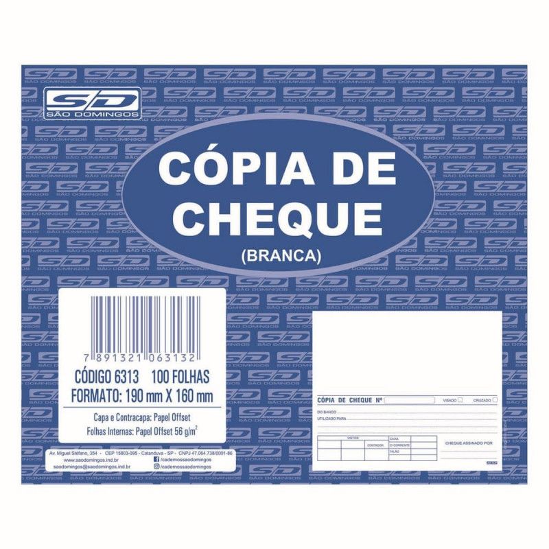 BLOCO COPIA CHEQUE SAO DOMINGOS - REF. 6313 - PACOTE COM 10 UNIDADES