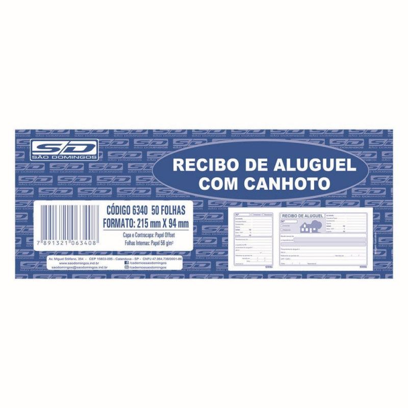 BLOCO RECIBO DE ALUGUEL COM CANHOTO 50 FOLHAS SAO DOMINGOS - REF. 6340 - PACOTE COM 20 UNIDADES