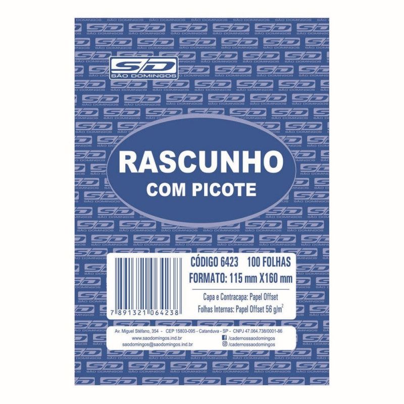 BLOCO RASCUNHO COM PICOTE 100 FOLHAS 115X160 SAO DOMINGOS - REF. 6423 - PACOTE COM 20 UNIDADES