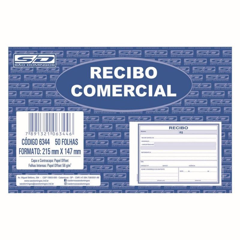 BLOCO RECIBO COMERCIAL 50 FOLHAS SAO DOMINGOS - REF. 6344 - PACOTE COM 20 UNIDADES