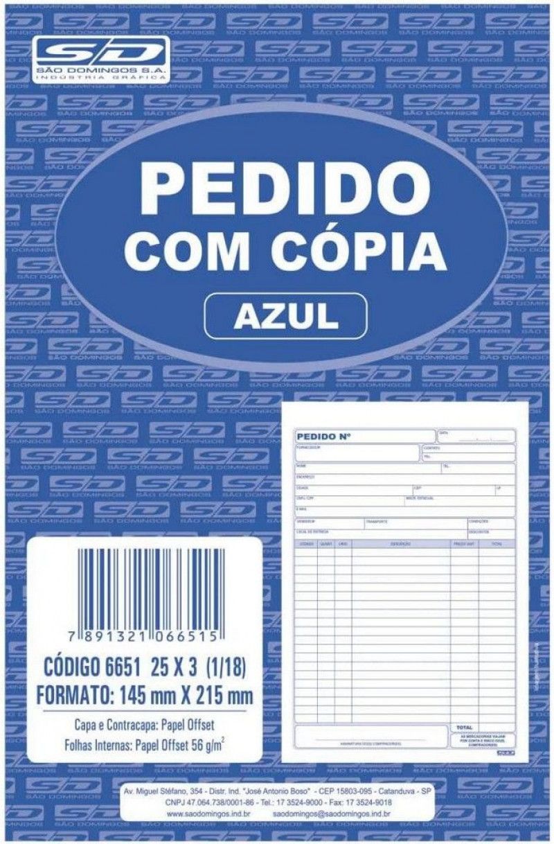 BLOCO PEDIDO 3 VIAS 1/18 155X215 25X3 SAO DOMINGOS - REF. 6651 - PACOTE COM 10 UNIDADES