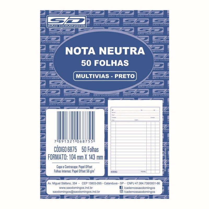 BLOCO NOTA NEUTRA 1 VIA SAO DOMINGOS - REF. 6875 - PACOTE COM 20 UNIDADES