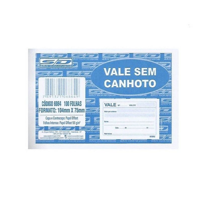 BLOCO VALE SEM CANHOTO 100 FOLHAS SAO DOMINGOS - REF. 6864 - PACOTE COM 20 UNIDADES