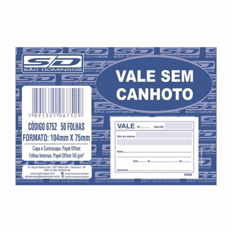 BLOCO VALE SEM CANHOTO 50 FOLHAS SAO DOMINGOS - REF. 6752 - PACOTE COM 20 UNIDADES
