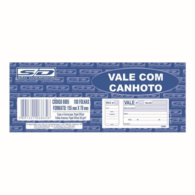 BLOCO VALE COM CANHOTO 100 FOLHAS SAO DOMINGOS - REF. 6865 - PACOTE COM 20 UNIDADES