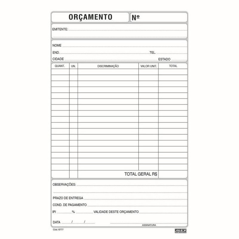 BLOCO ORCAMENTO 100 FOLHAS 137X207 SAO DOMINGOS - REF. 6777 - PACOTE COM 10 UNIDADES