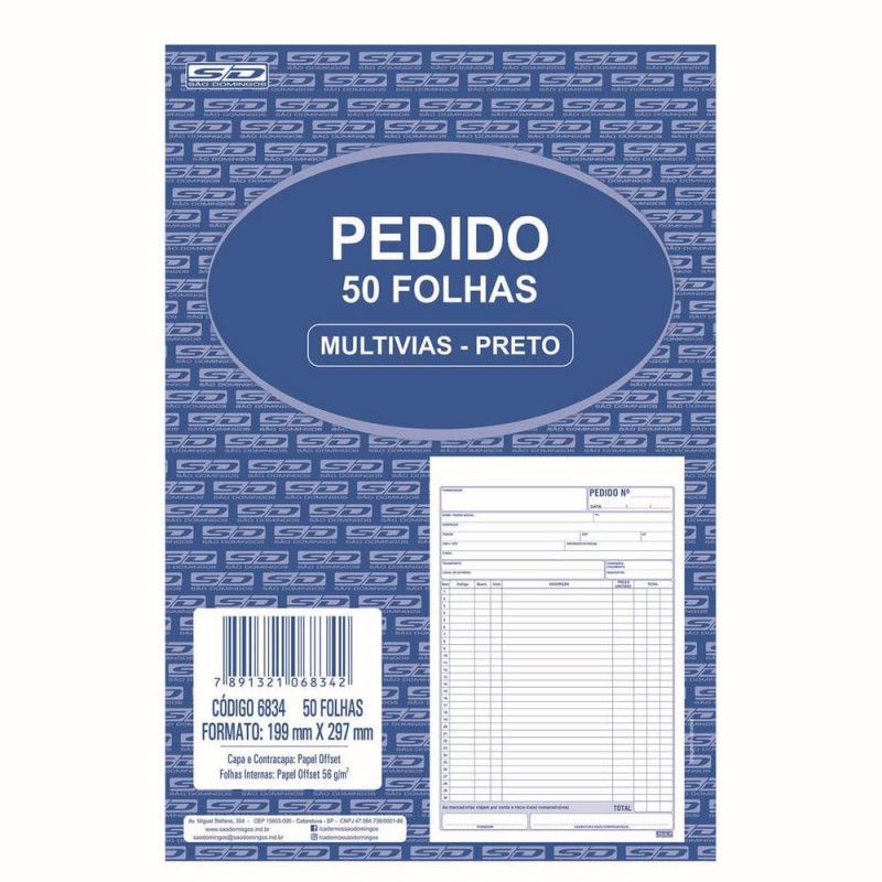BLOCO PEDIDO 1 VIA 1/9  210X297 50 FOLHAS SAO DOMINGOS - REF. 6834 - PACOTE COM 10 UNIDADES