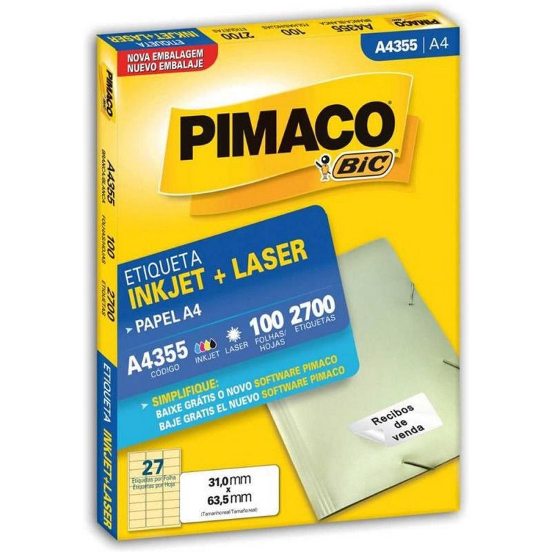 ETIQUETA LASER A4 355 100 FOLHAS PIMACO - REF. A4 355 - 1 UNIDADE