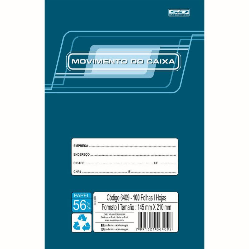 LIVRO MOVIMENTO DO CAIXA CAPA FLEXIVEL  1/4 100 FOLHAS SAO DOMINGOS - REF. 6409 - PACOTE COM 10 UNIDADES