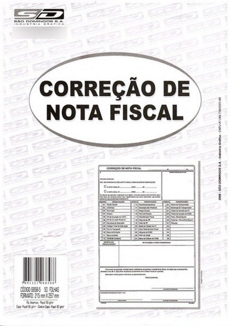 BLOCO CORRECAO NOTA FISCAL SAO DOMINGOS - REF. 6858 - 1 UNIDADE
