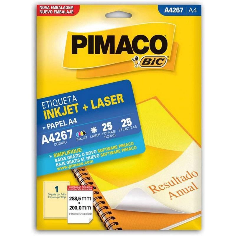 ETIQUETA LASER A4 267 25 FOLHAS PIMACO - REF. A4 267 - 1 UNIDADE