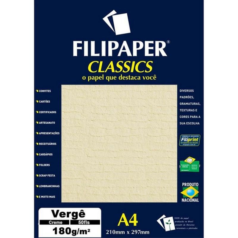 PAPEL VERGE 180G 50 FOLHAS CREME FILIPAPER - REF. 981 - 1 UNIDADE