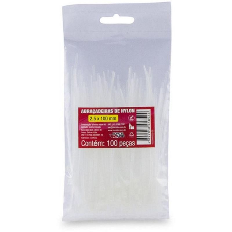 ABRACADEIRA DE NYLON 2.5 X 100MM TRANSPARENTE FORCE LINE - REF. 600500002 - PACOTE COM 100 UNIDADES