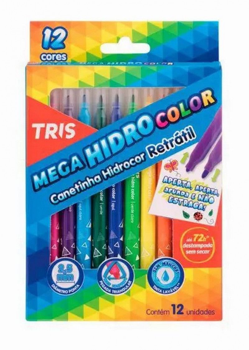 CANETA HIDROGRAFICA 12 CORES RETRATIL MEGA HIDRO - REF. 687063 - CAIXA COM 6 UNIDADES
