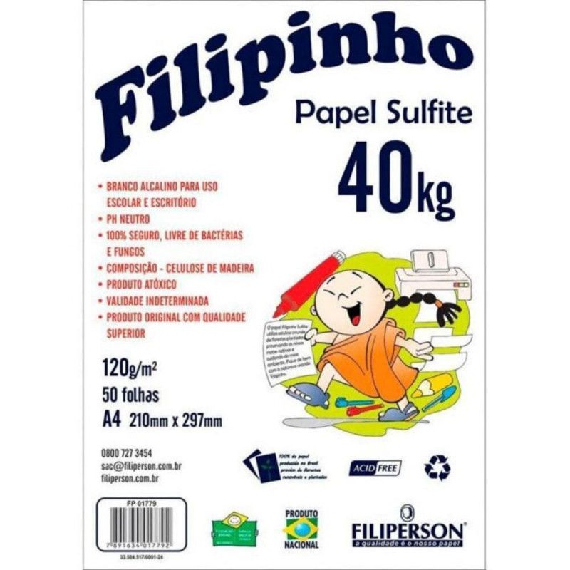 PAPEL SULFITE A4 40KG 120G 50FL BRANCO FILIPINHO - REF. 1779 - 1 UNIDADE