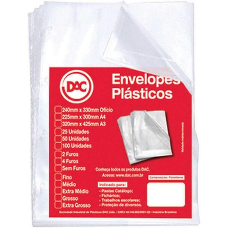 ENVELOPE PLASTICO 4 FUROS 240X330 GROSSO COM 100 DAC - REF. 5076100 - PACOTE COM 100 UNIDADES