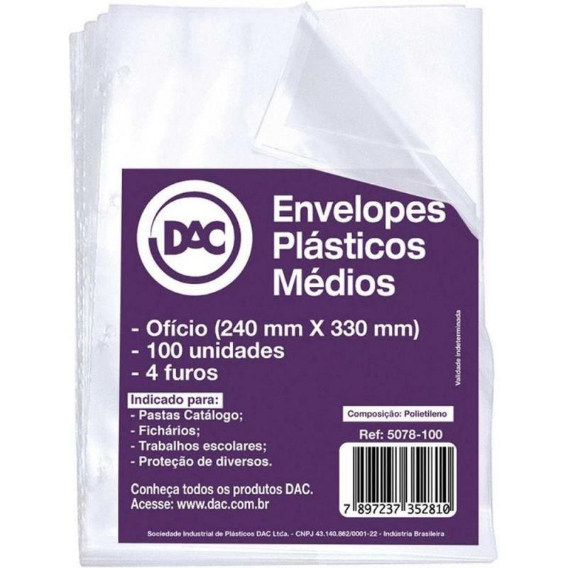 ENVELOPE PLASTICO 4 FUROS OFICIO 240X330 MEDIO COM 100 ENVELOPES DAC - REF. 5078100 - 1 UNIDADE