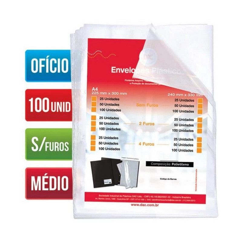 ENVELOPE PLASTICO SEM FURO 240X330 MEDIO - REF. 5077100 - PACOTE COM 100 UNIDADES