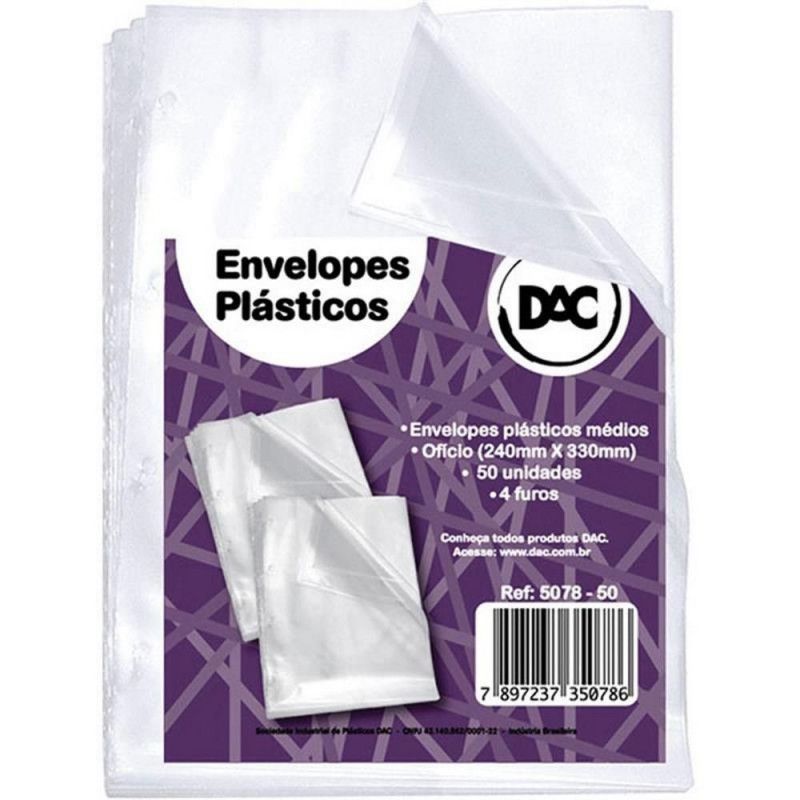 ENVELOPE PLASTICO 4 FUROS 240X330 MEDIO COM 50 DAC - REF. 507850 - PACOTE COM 50 UNIDADES