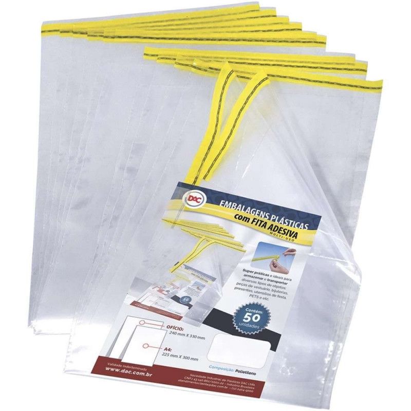 ENVELOPE PLASTICO A4 COM FITA ADESIVA 225X300MM  - REF. 1694 - PACOTE COM 50 UNIDADES