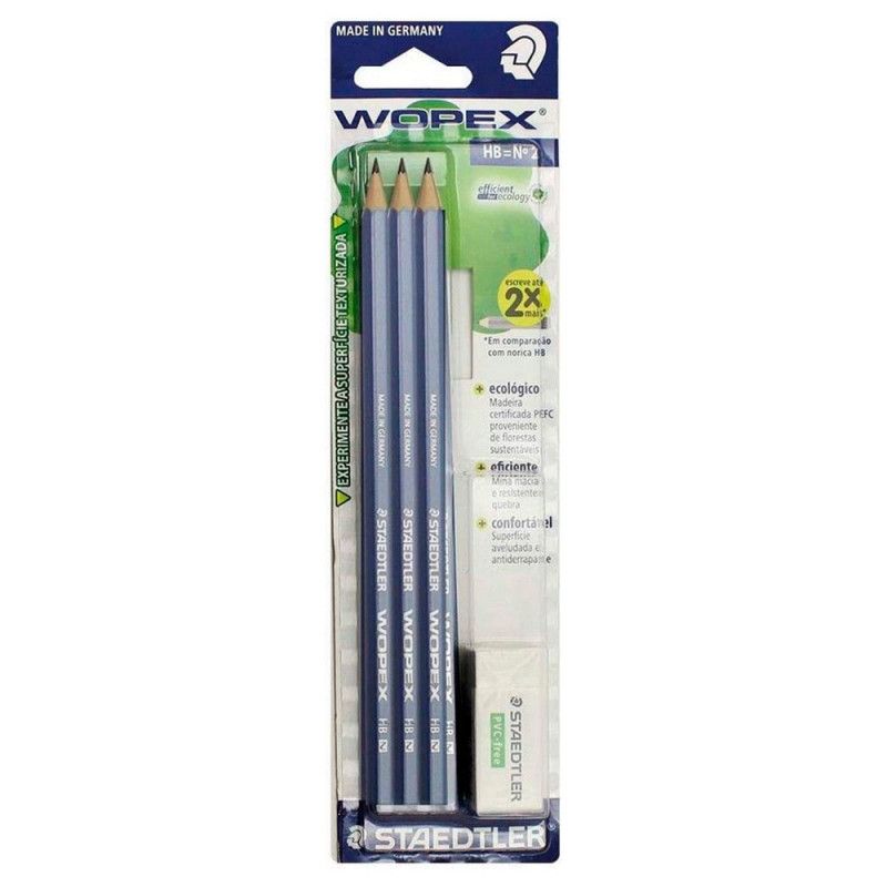 LAPIS PRETO N.2 WOPEX COM 3 LAPIS + BORRACHA STAEDTLER - REF. 180SBK3LC - 1 UNIDADE